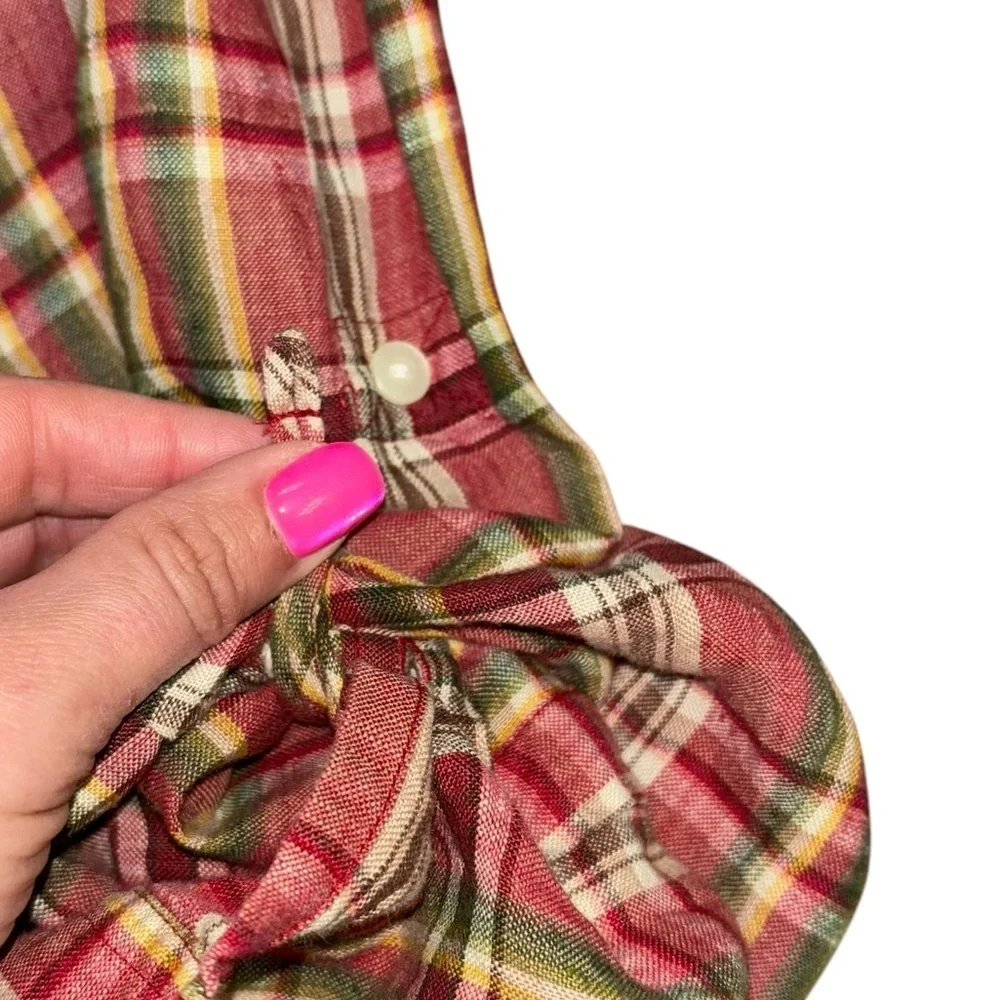 Lauren Ralph Lauren 100% Linen Plaid Collarless Button Down Blouse Women’s S